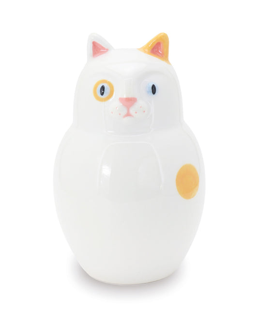 gattone bianco con pois arancio vaso in ceramica macula