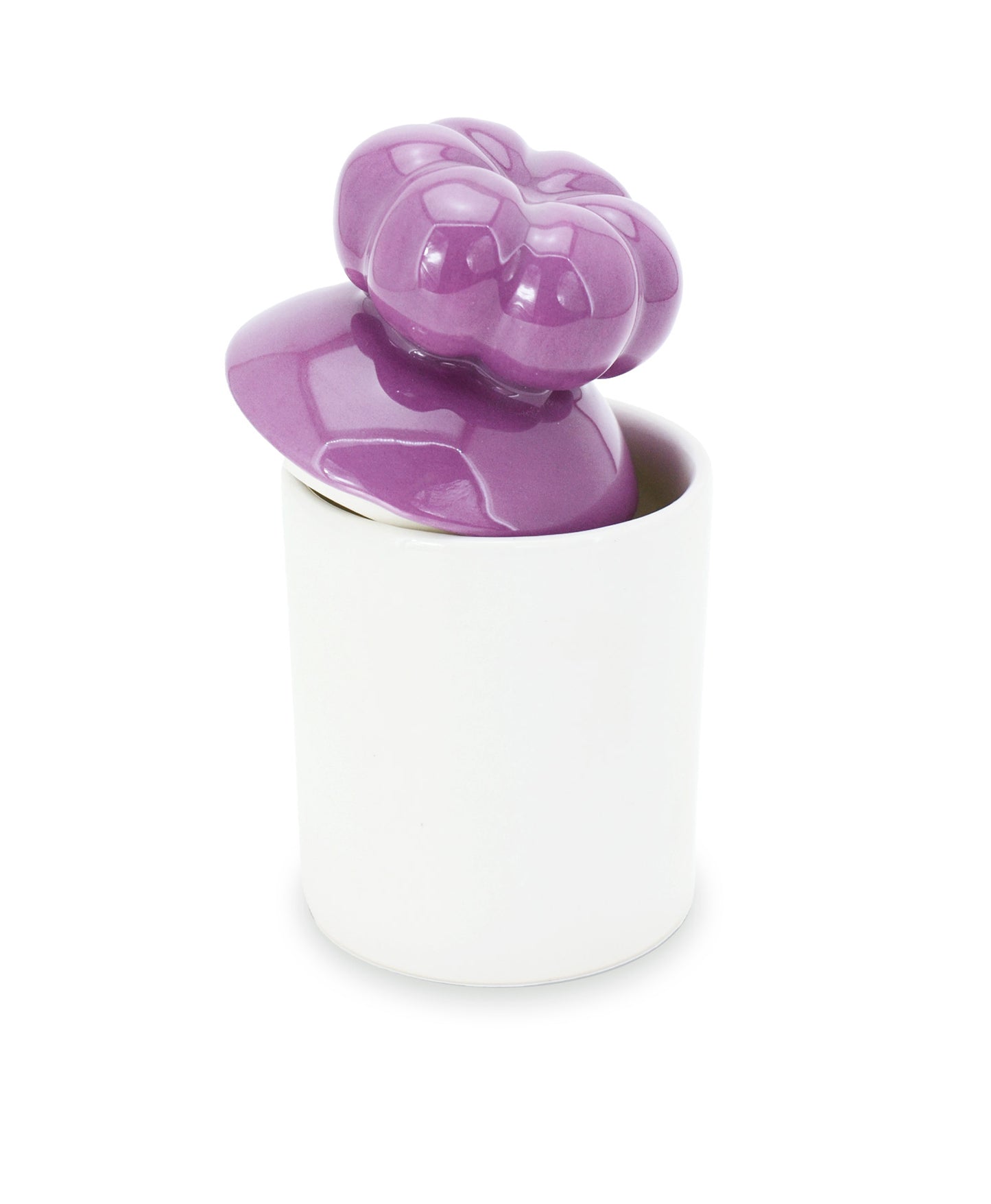barattolo in ceramica bianco con tappo a forma di fiore viola macula