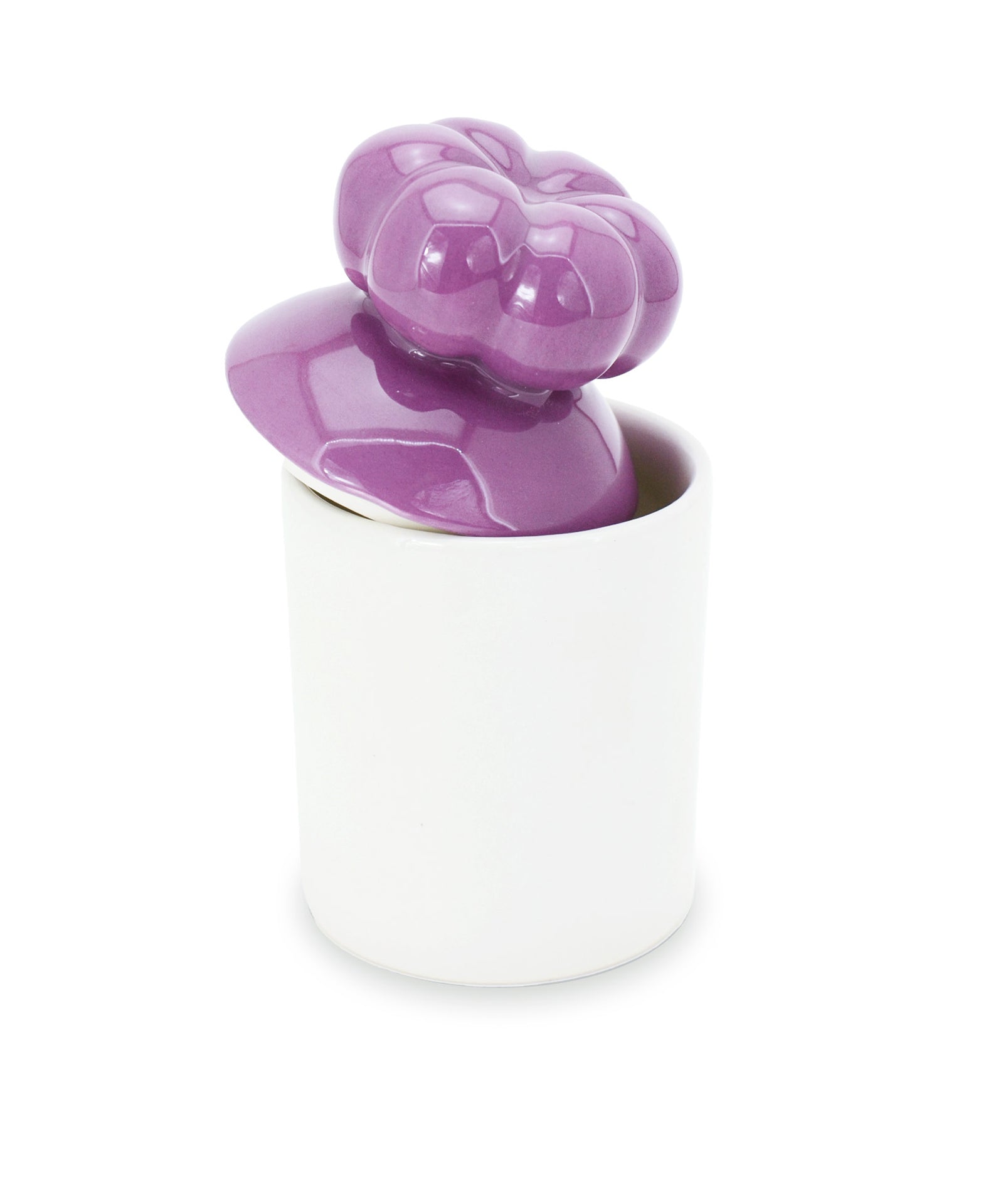 barattolo in ceramica bianco con tappo a forma di fiore viola macula