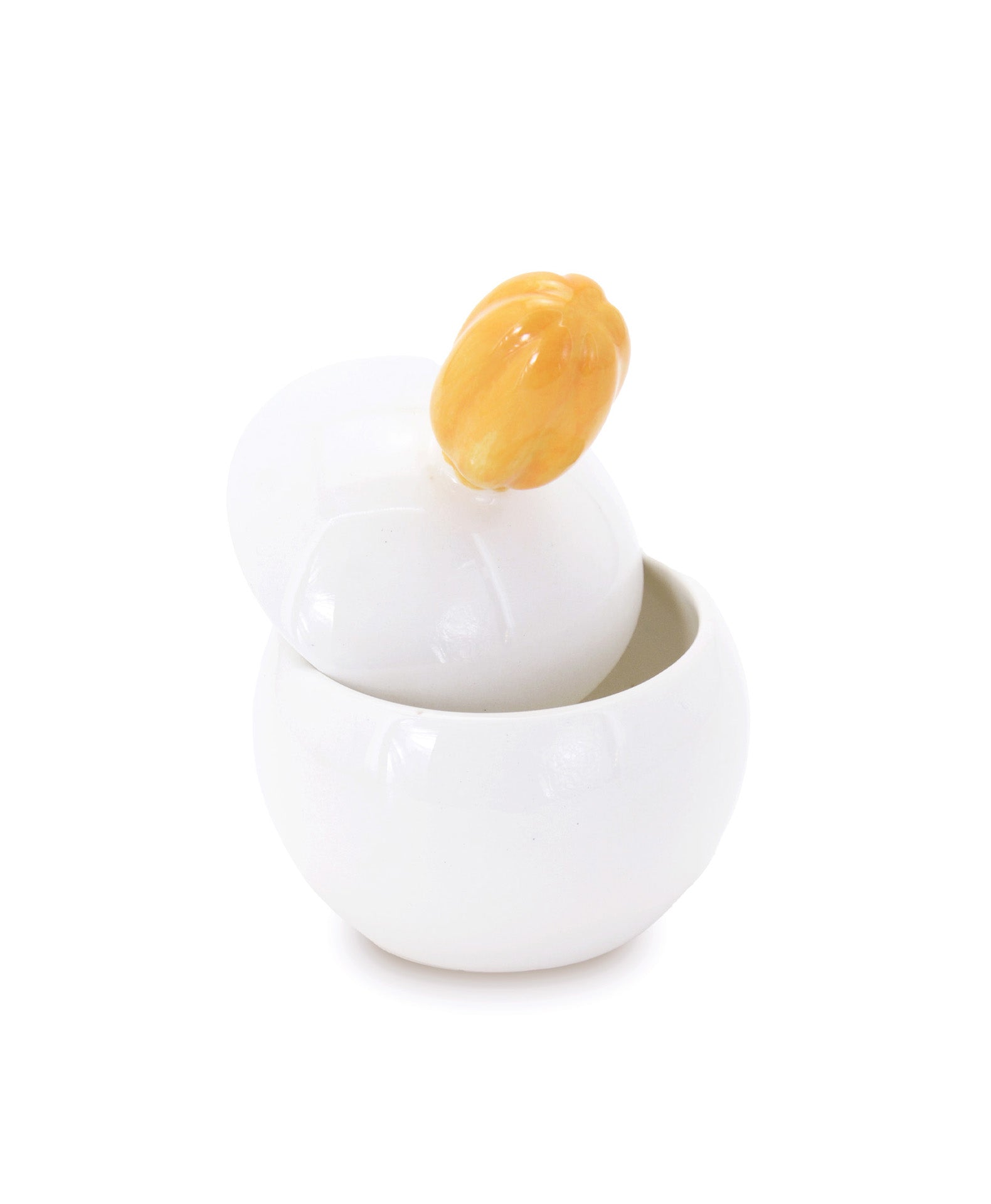 barattolo in ceramica bianco con tappo a forma di fiore arancio macula