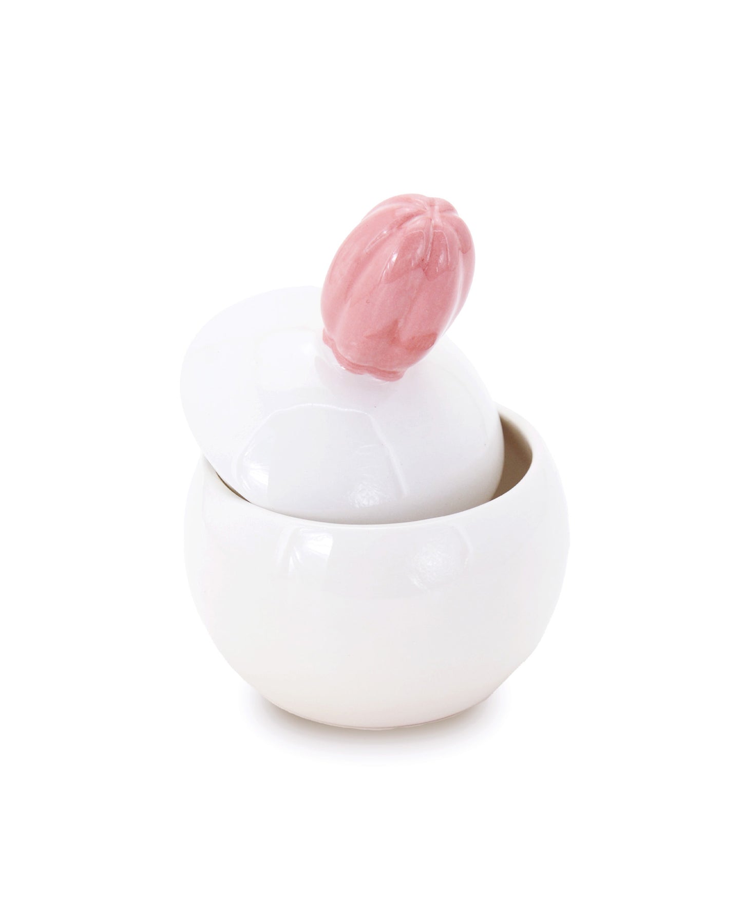 barattolo in ceramica bianco con tappo a forma di fiore rosa macula