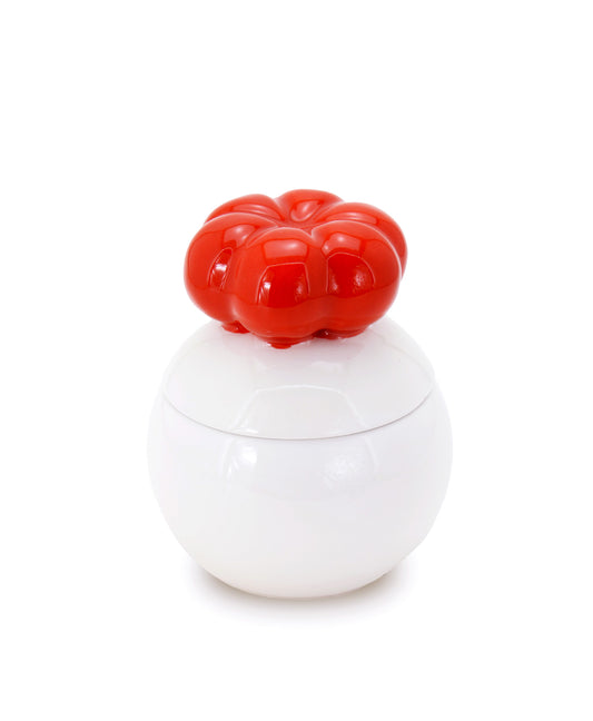 barattolo in ceramica bianco con tappo a forma di fiore rosso macula