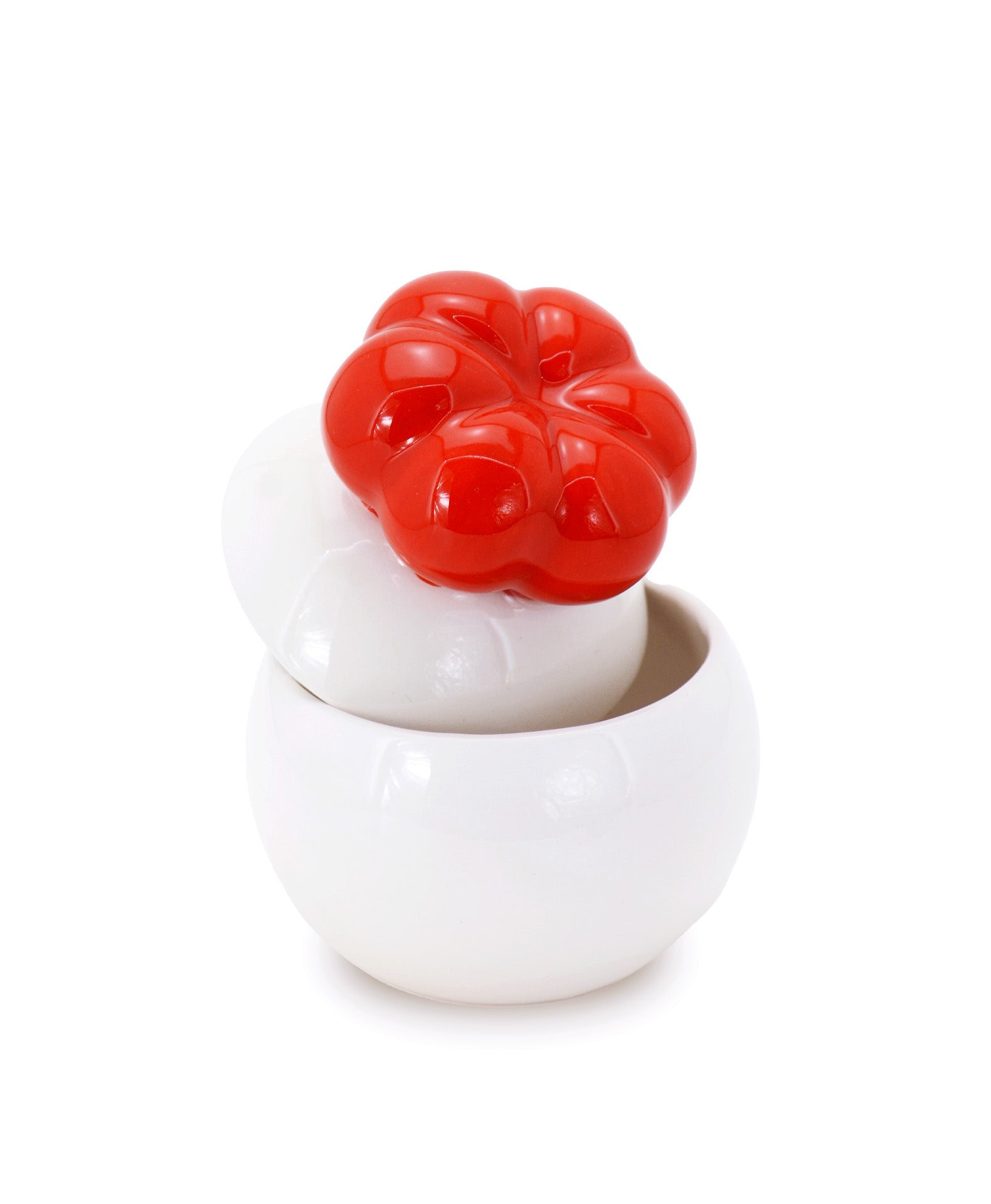 barattolo in ceramica bianco con tappo a forma di fiore rosso macula