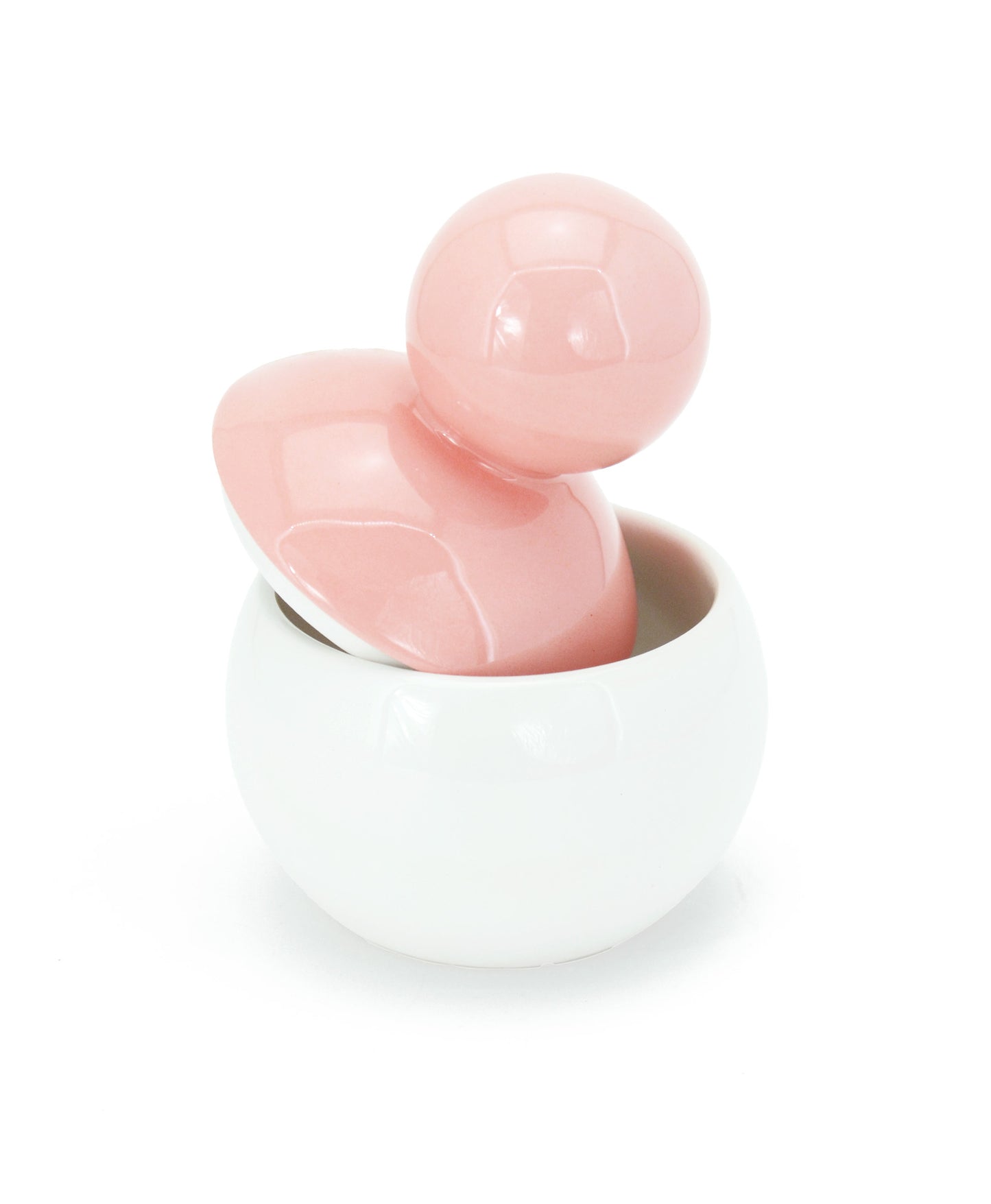 barattolo in ceramica bianco con tappo a forma di palla rosa macula