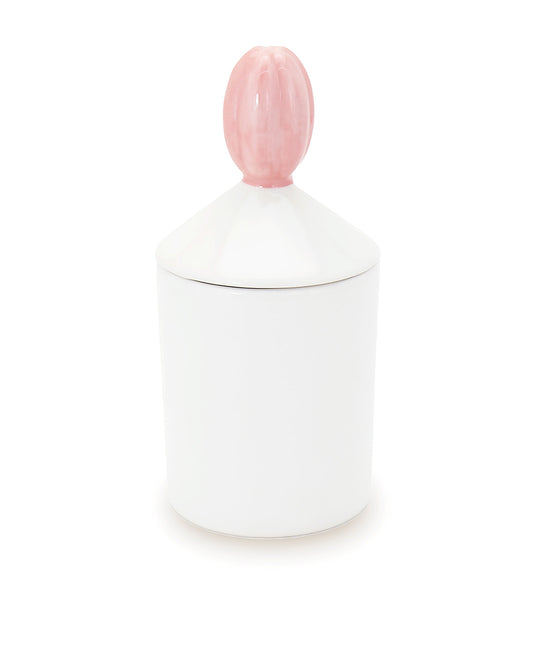 barattolo in ceramica bianco con tappo a forma di fiore rosa macula