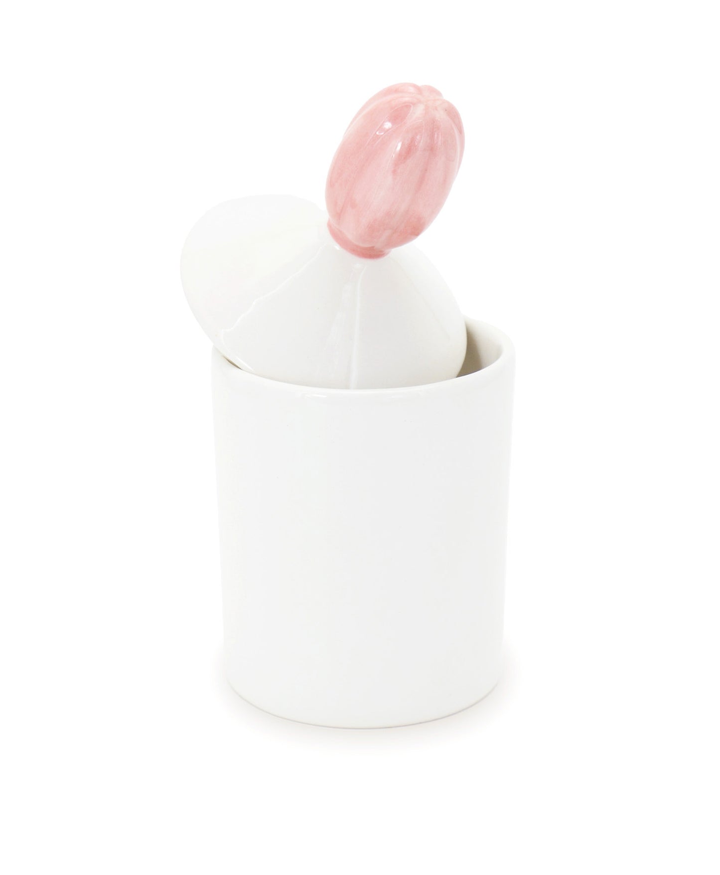 barattolo in ceramica bianco con tappo a forma di fiore rosa macula