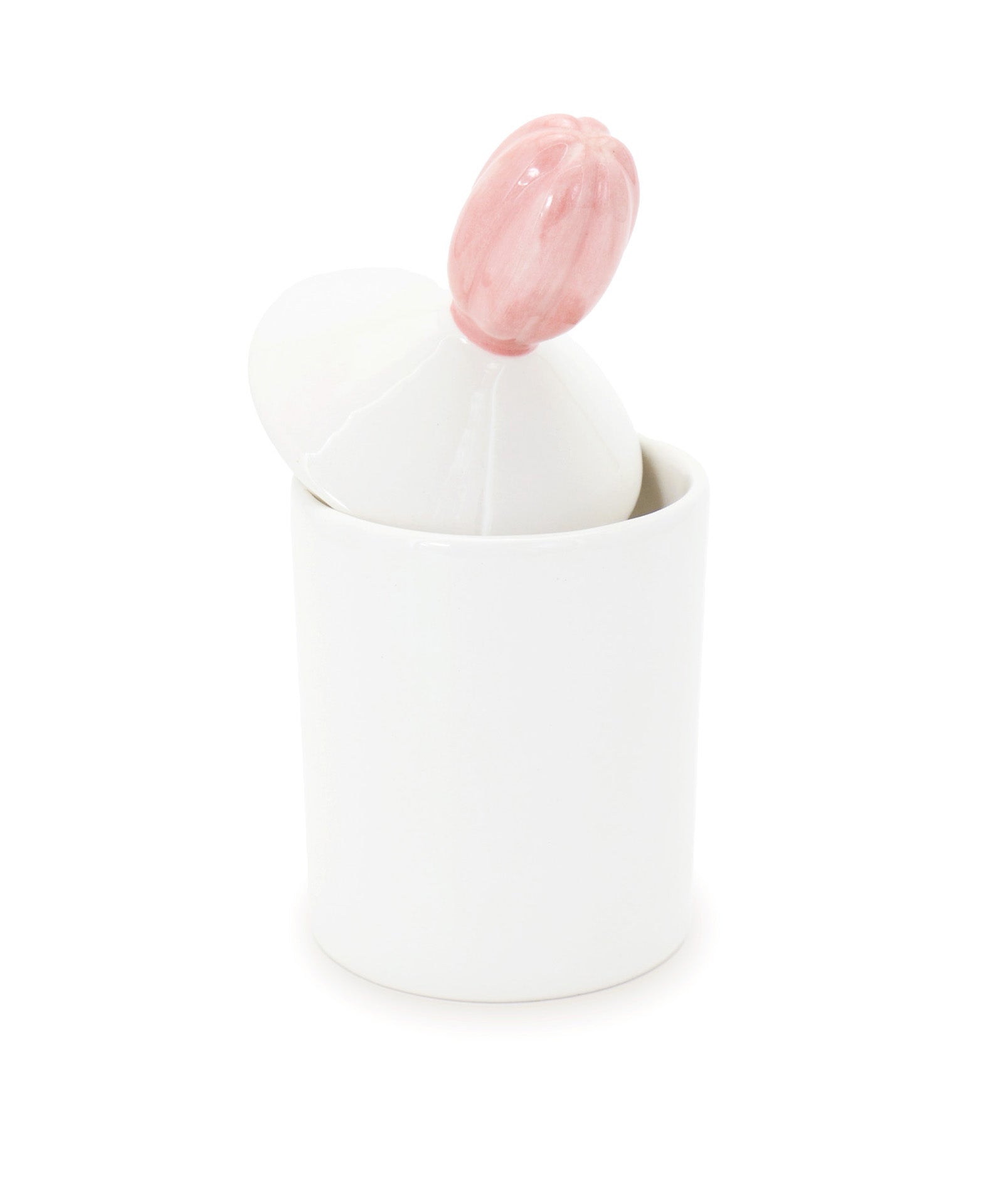 barattolo in ceramica bianco con tappo a forma di fiore rosa macula