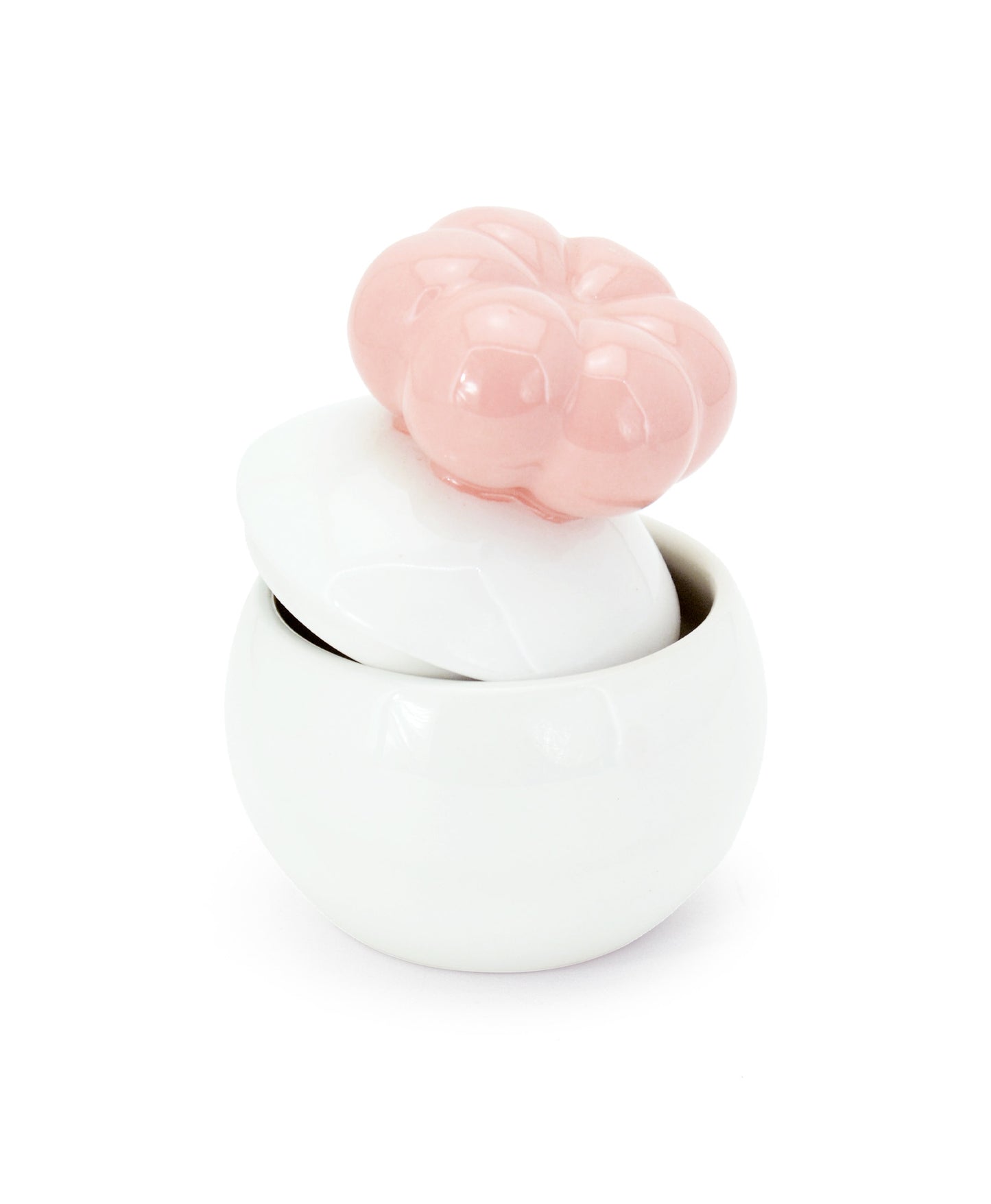 barattolo in ceramica bianco con tappo a forma di fiore rosa macula