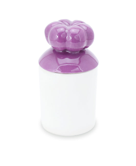 barattolo in ceramica bianco con tappo a forma di fiore viola macula