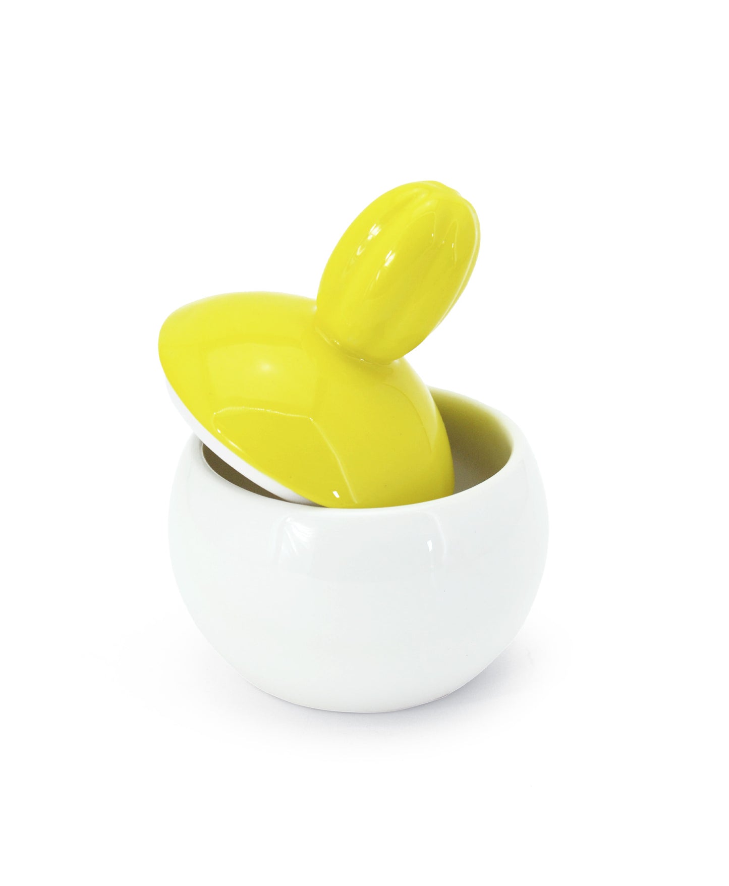 barattolo in ceramica bianco con tappo a forma di fiore giallo macula