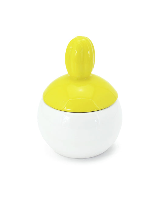 barattolo in ceramica bianco con tappo a forma di fiore giallo macula