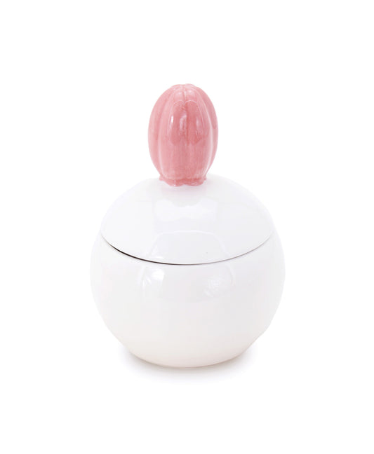 barattolo in ceramica bianco con tappo a forma di fiore rosa macula