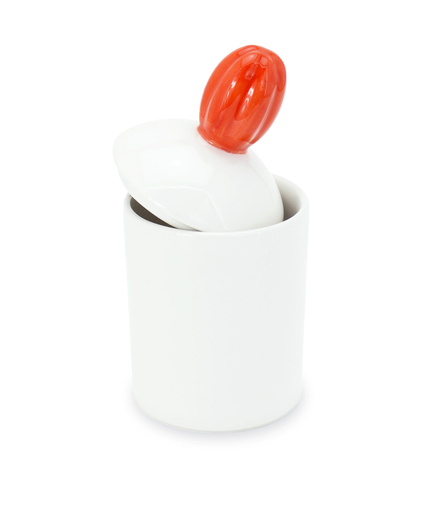 barattolo in ceramica bianco con tappo a forma di fiore rosso macula