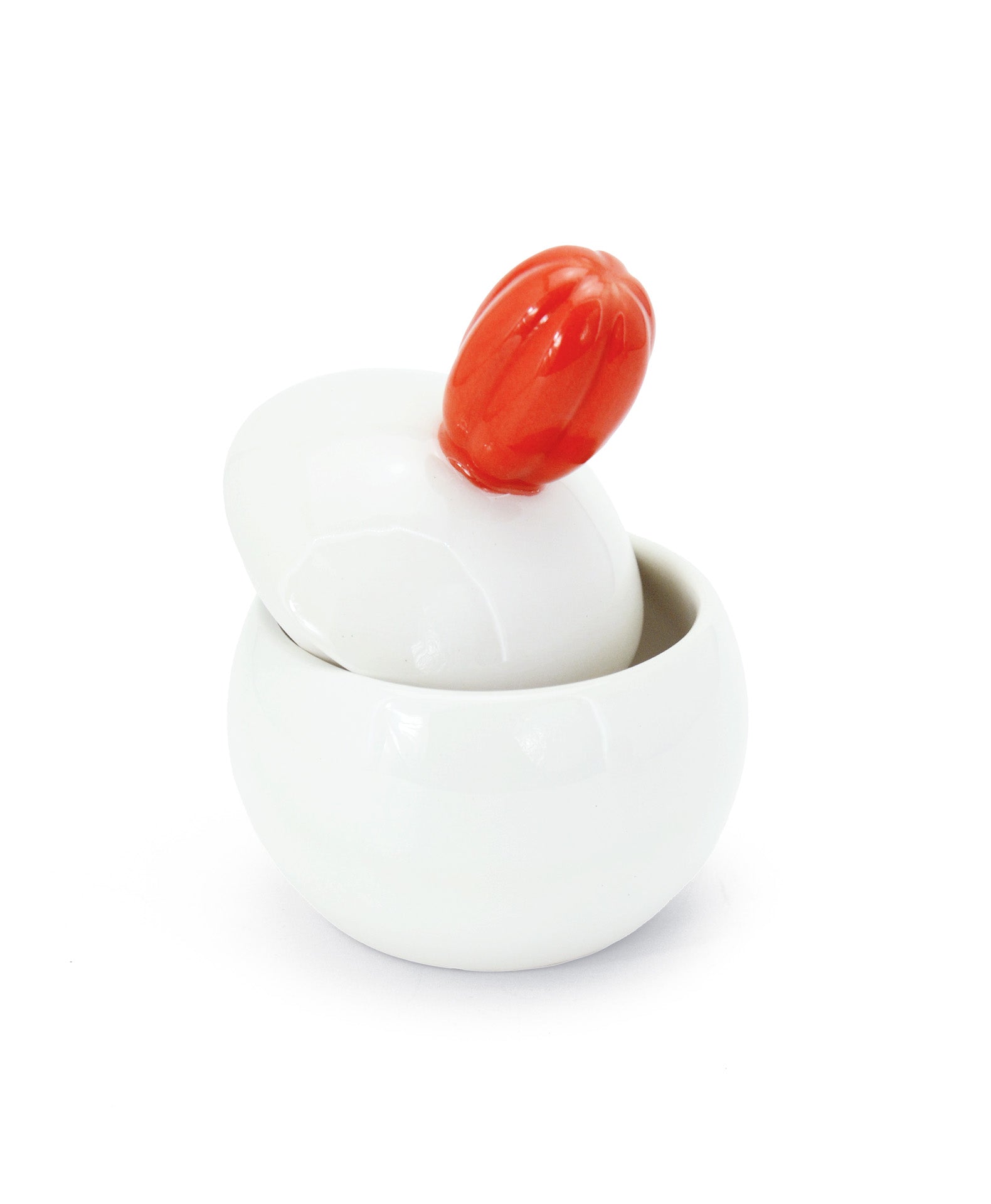 barattolo in ceramica bianco con tappo a forma di fiore rosso macula