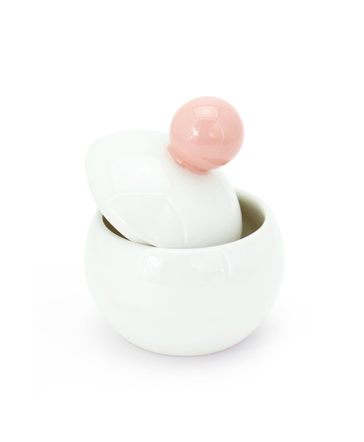 barattolo in ceramica bianco con tappo a forma di pallina rosa macula