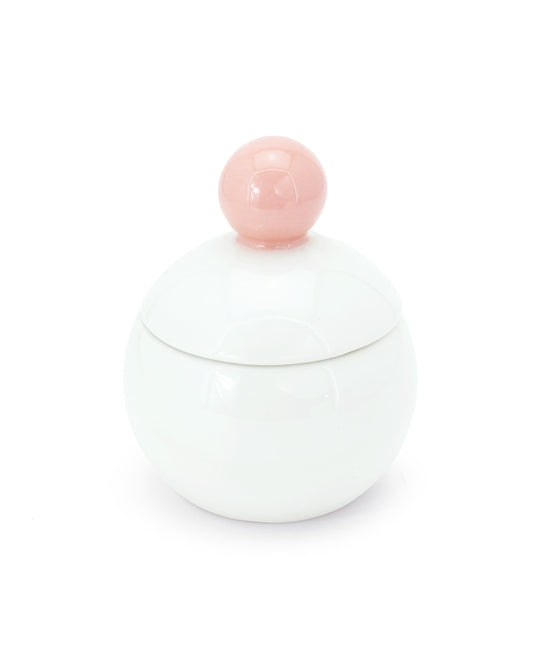 barattolo in ceramica bianco con tappo a forma di pallina rosa macula