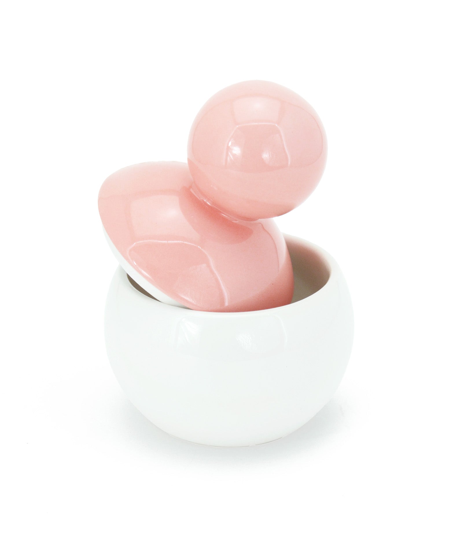 barattolo in ceramica bianco con tappo a forma di palla rosa macula